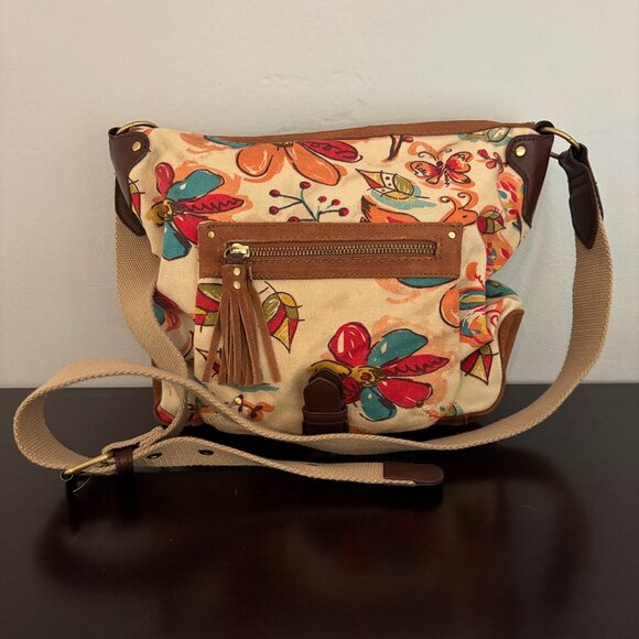 Lucky Brand Flowers and Butterfly Patterned Canvas Brown Suede Shoulder Bag - Picture 1 of 13